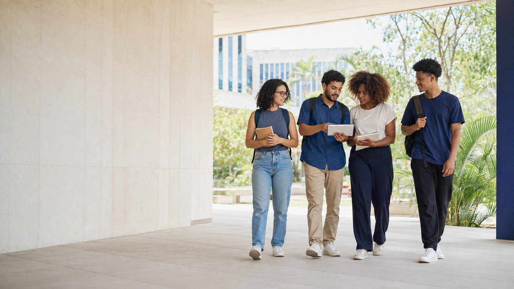 Estudantes da UNIFINON caminhando e conversando em um ambiente universitário.
